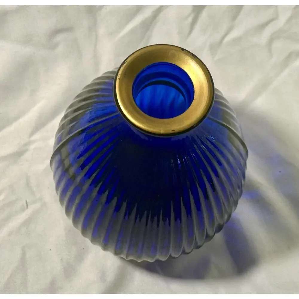 Vintage Cobalt Blue Ribbed Glass Vase | Gold Rim Art Deco Globe